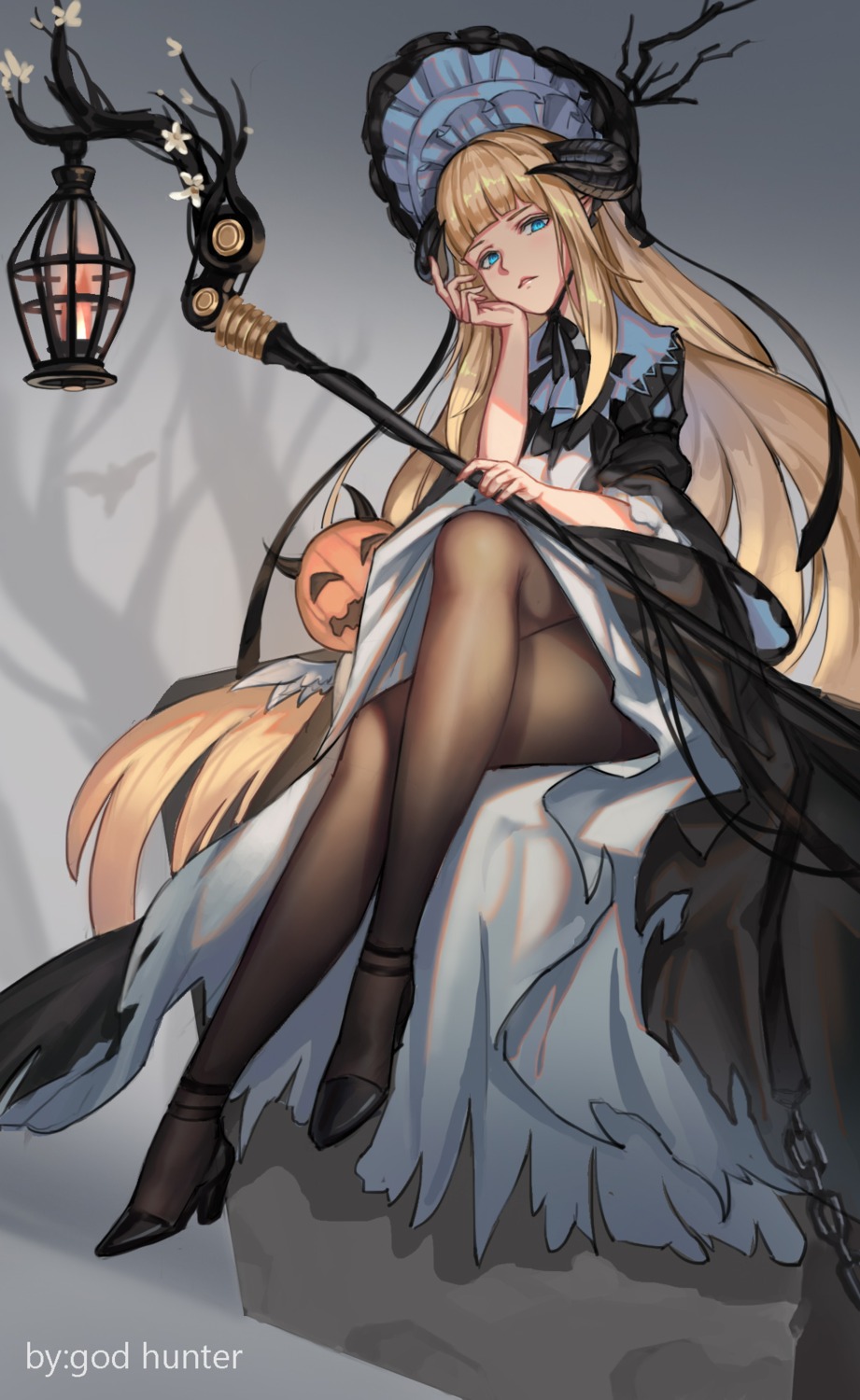 arknights, god_hunter, heels, lolita_fashion, nightingale_(arknights), pantyhose, skirt_lift, weapon