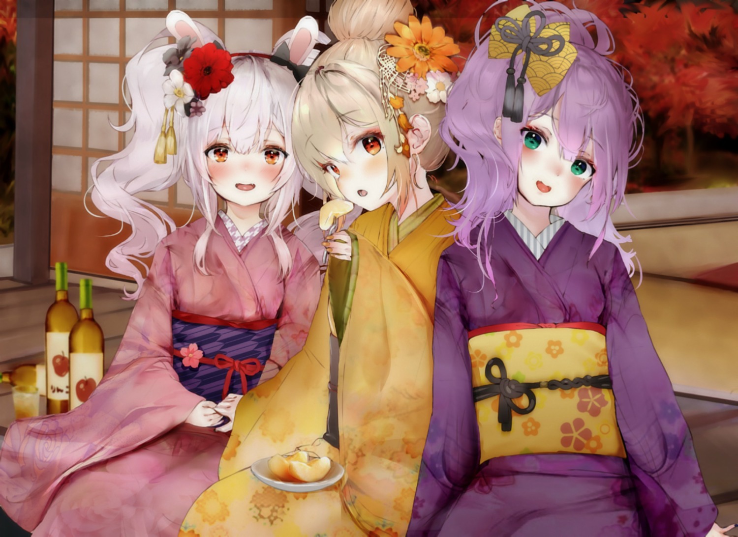 animal_ears, ayanami_(azur_lane), azur_lane, bunny_ears, javelin_(azur_lane), kimono, laffey_(azur_lane), rasukii_(pamiton)