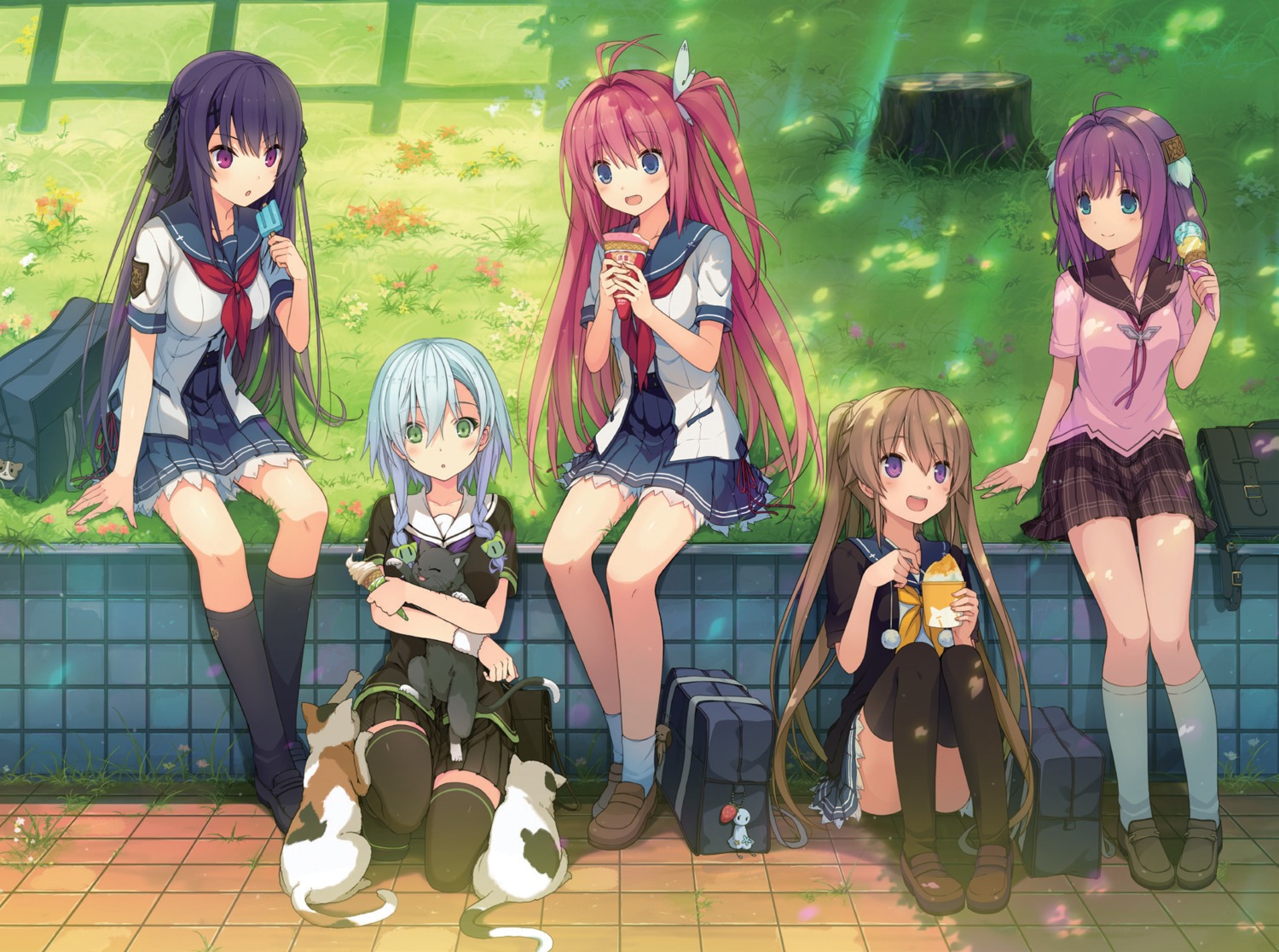 ao_no_kanata_no_four_rhythm, arisaka_mashiro, ichinose_rika, inui_saki, kurashina_asuka, neko, seifuku, skirt_lift