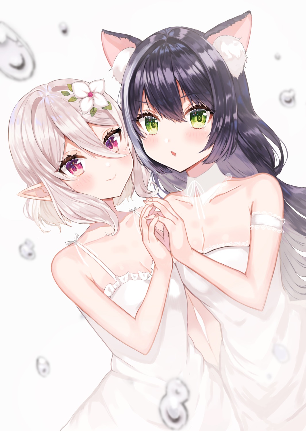 animal_ears, cleavage, dress, karyl_(princess_connect), kokkoro, pointy_ears, princess_connect!, princess_connect!_re:dive