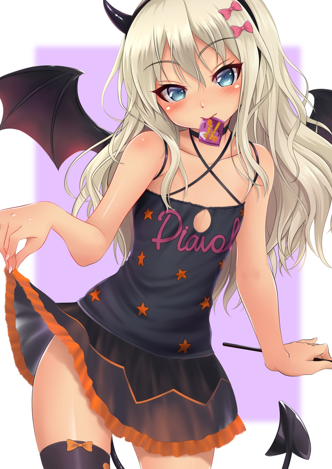 grecale_(kancolle), halloween, horns, kantai_collection, makura_(user_jpmm5733), skirt_lift, tail, thighhighs, wings