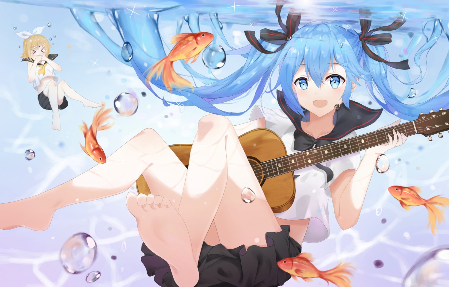 bottle_miku, feet, guitar, hatsune_miku, kagamine_rin, nakor., seifuku, shirt_lift, vocaloid, wet