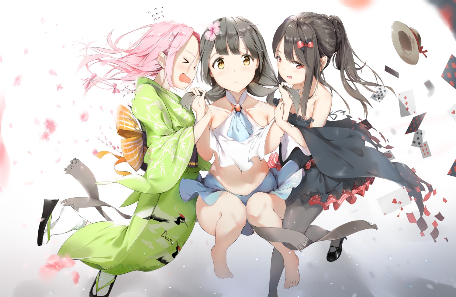 c-up, lolita_fashion, pantyhose, shirt_lift, skirt_lift, yukata, yuri