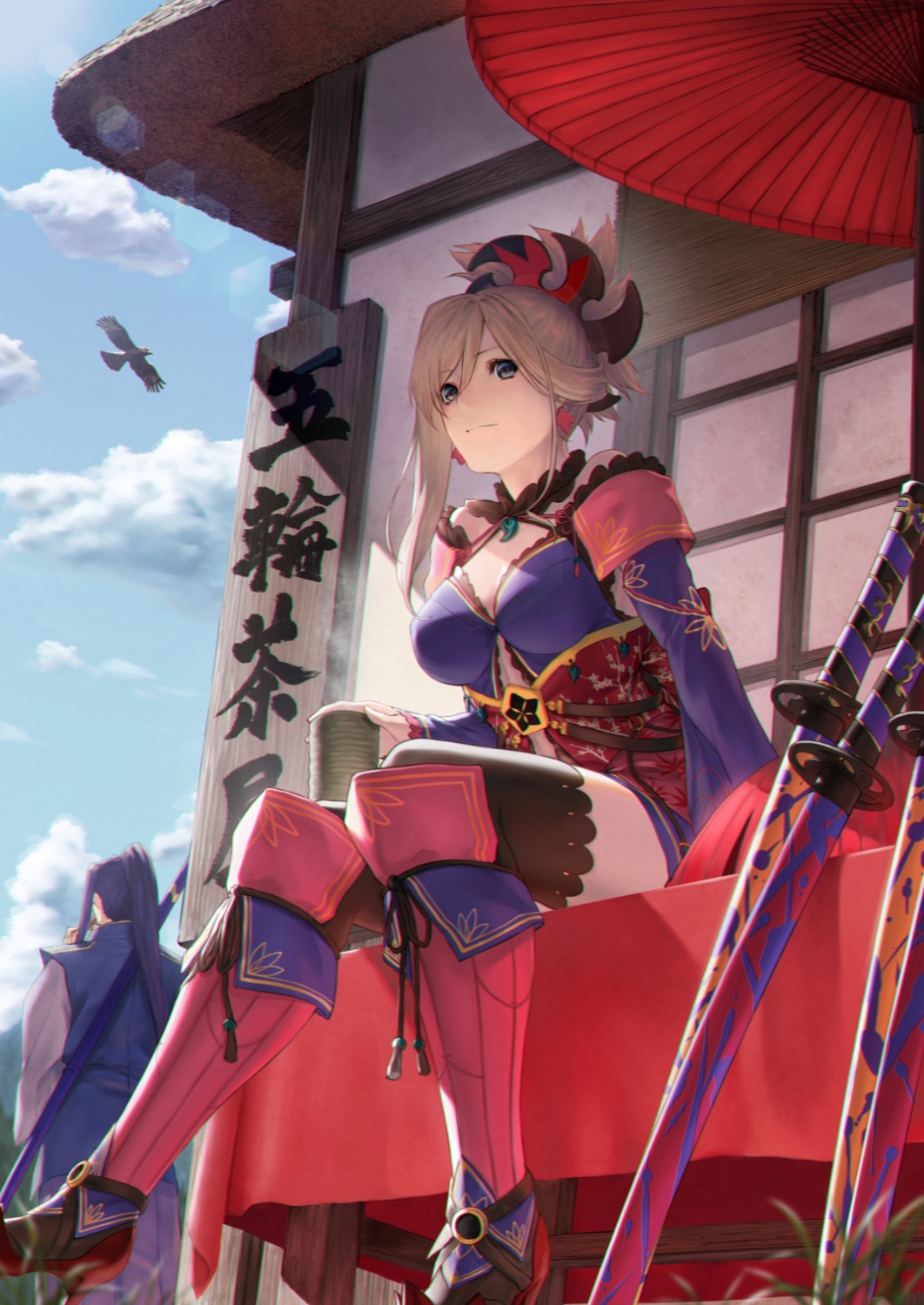cleavage, fate/grand_order, heels, japanese_clothes, miyamoto_musashi_(fate), mugetsu, sword, thighhighs