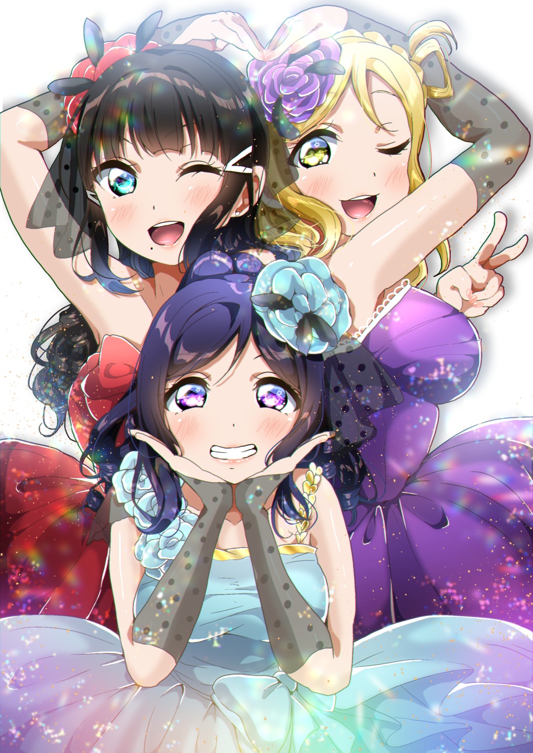 dress, kurosawa_dia, love_live!_(series), love_live!_sunshine!!, matsuura_kanan, ohara_mari, panda_copt