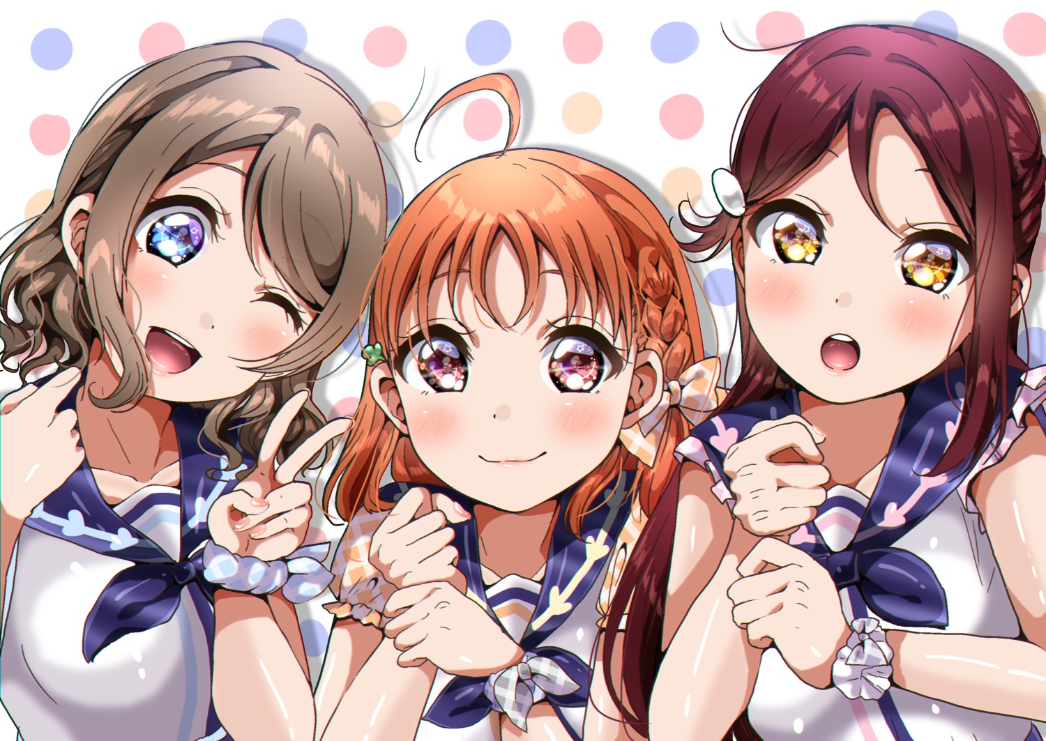 love_live!_(series), love_live!_sunshine!!, panda_copt, sakurauchi_riko, seifuku, takami_chika, watanabe_you