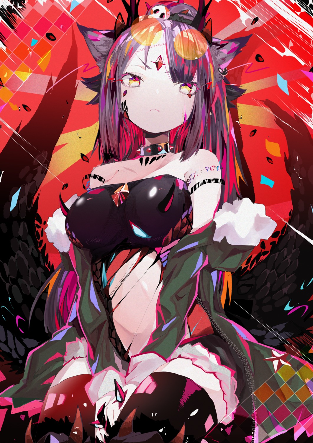 amakawatamawono, animal_ears, tail, tattoo, thighhighs, wings