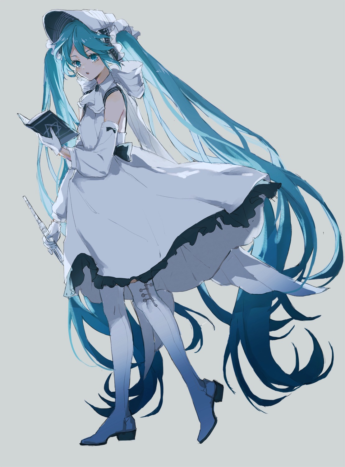 dress, hatsune_miku, heels, michiki_kokuyou, skirt_lift, thighhighs, vocaloid, yuki_miku