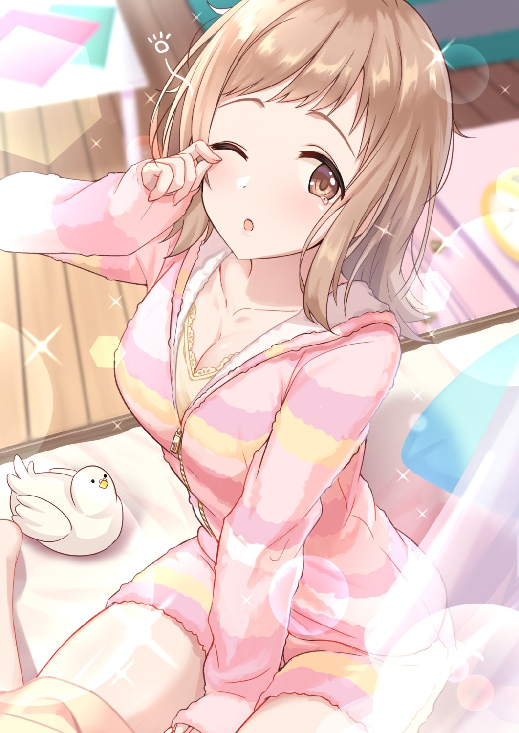 cleavage, pajama, sakuragi_mano, sheets, tamakaga, the_idolm@ster, the_idolm@ster_shiny_colors