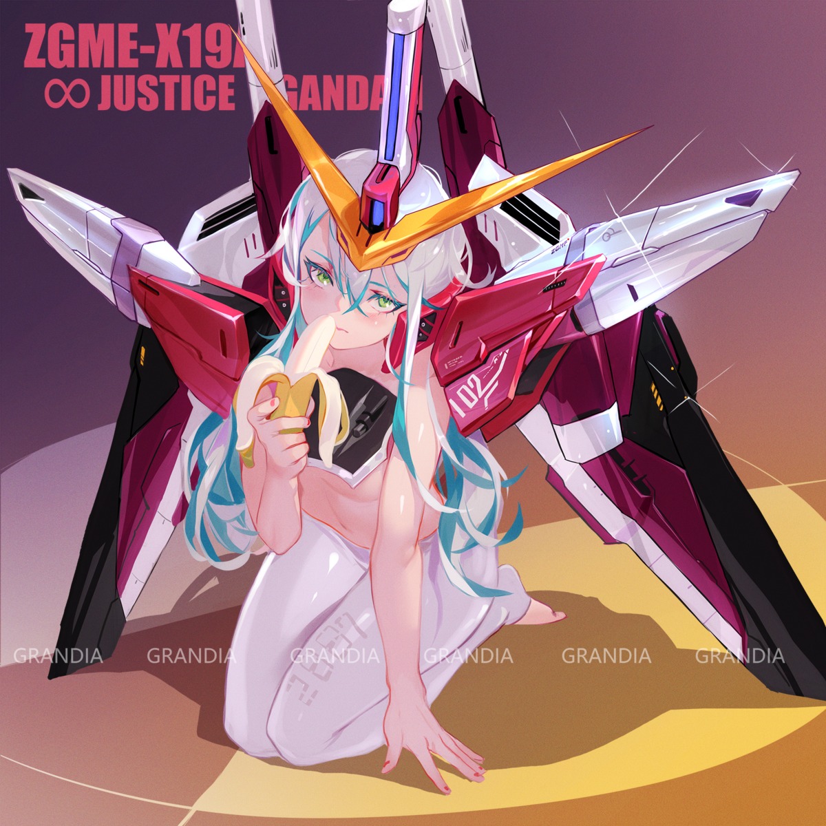 anthropomorphization, grandia_lee, gundam, gundam_seed, justice_gundam, mecha_musume, no_bra, pantyhose