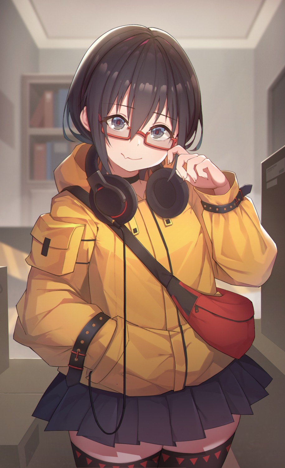 headphones, hitokuchii, megane, thighhighs