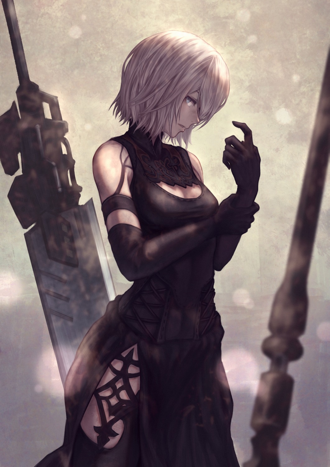 cleavage, dress, nier, nier_automata, sword, thighhighs, yasu_(segawahiroyasu), yorha_type_a_no.2