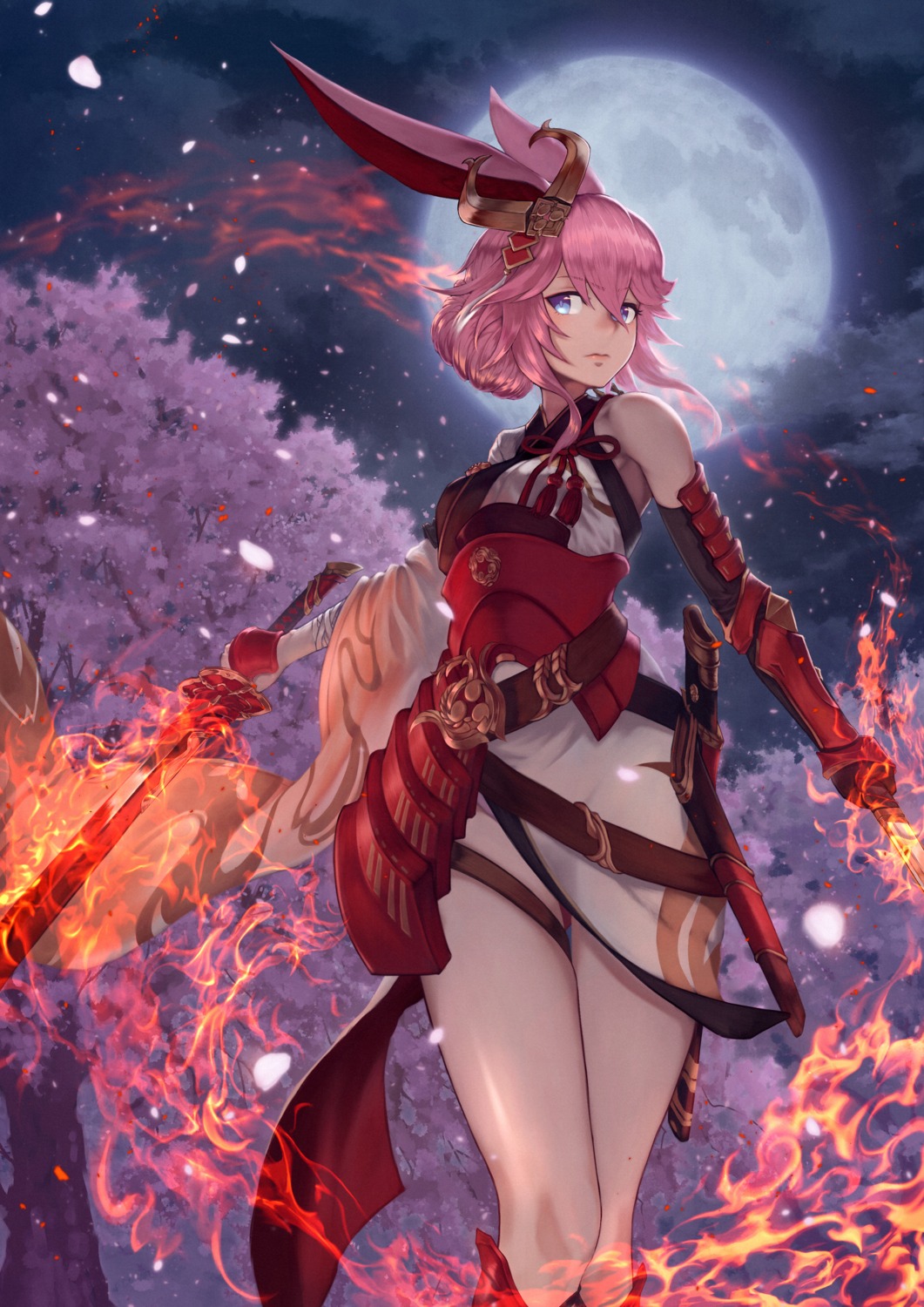 animal_ears, armor, bandages, benghuai_xueyuan, honkai_impact, japanese_clothes, sword, yae_sakura_(benghuai_xueyuan)