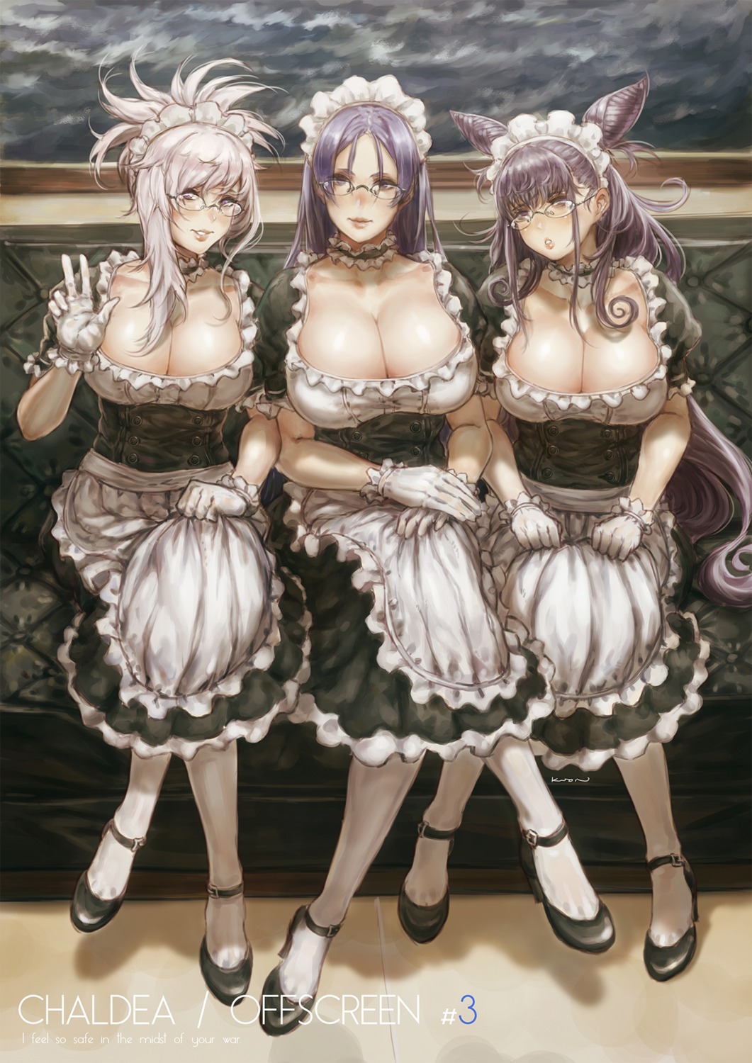 fate/grand_order, heels, kuon_(kwonchanji), maid, megane, minamoto_no_raikou_(fate), miyamoto_musashi_(fate), murasaki_shikibu_(fate)