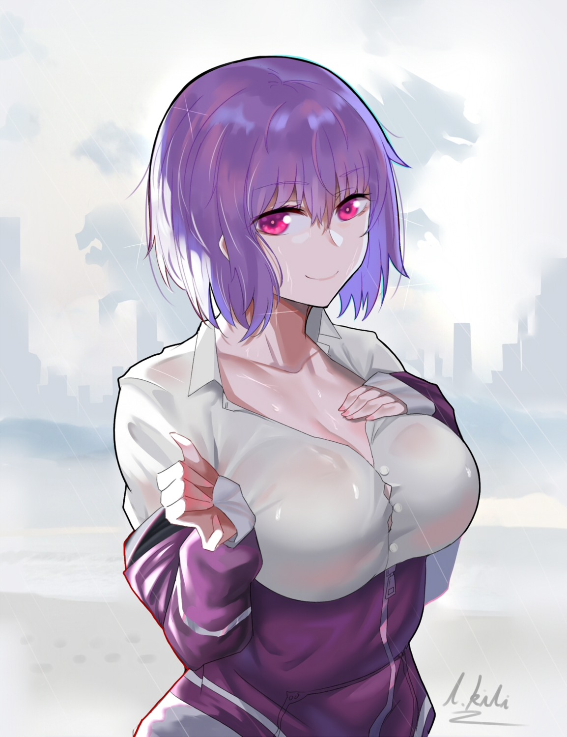 breast_hold, dress_shirt, gridman_universe, l.kili, see_through, shinjou_akane, ssss.gridman, wet