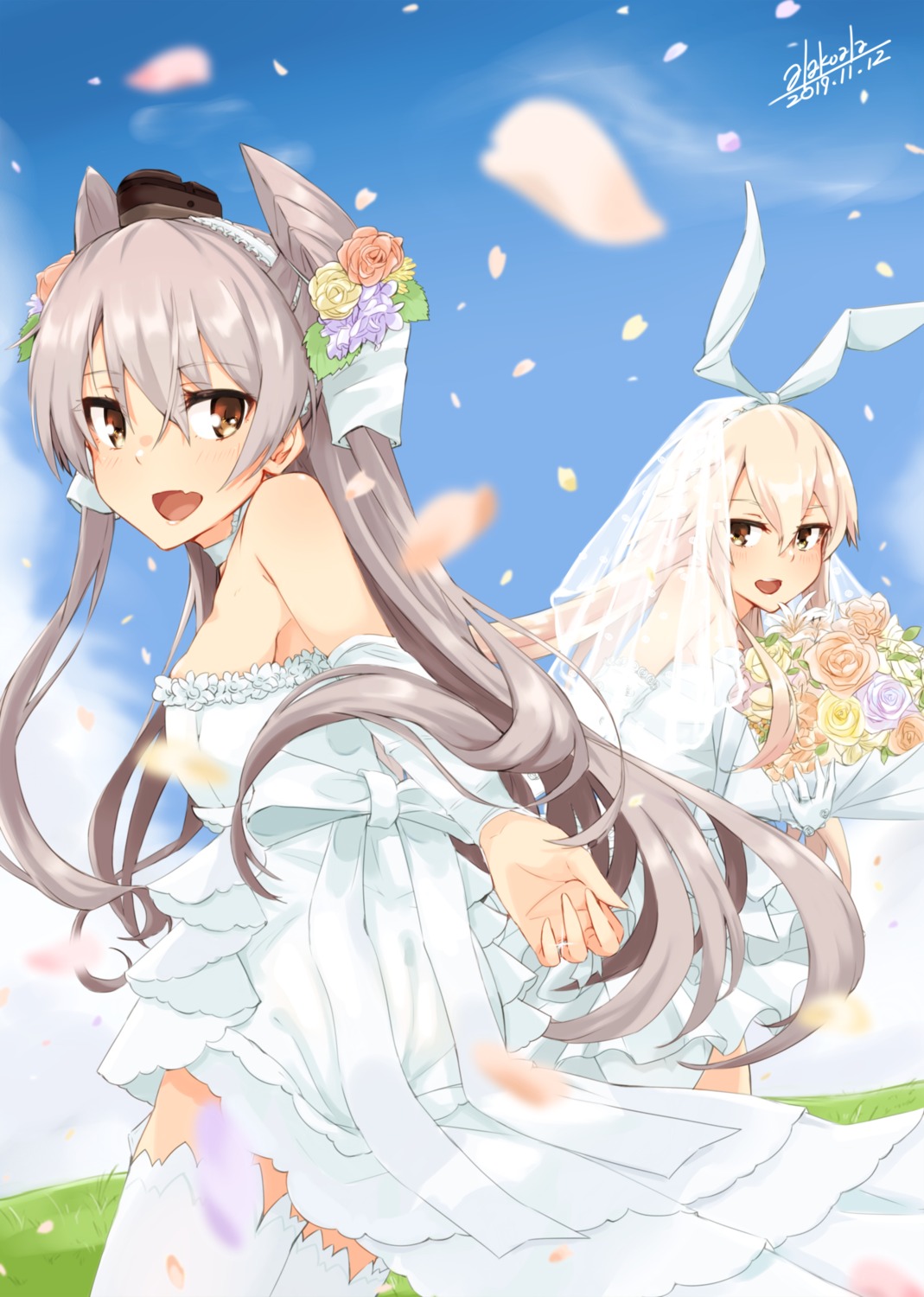 alakoala_shoushou, amatsukaze_(kancolle), dress, kantai_collection, shimakaze_(kancolle), thighhighs, wedding_dress