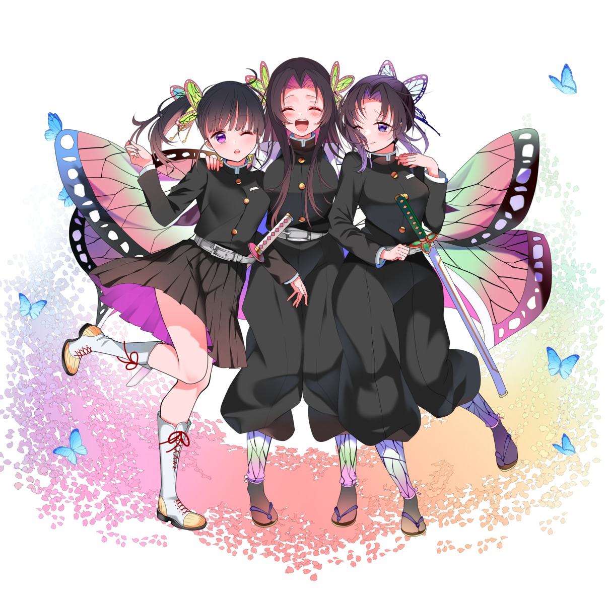 kimetsu_no_yaiba, kochou_kanae, kochou_shinobu, piyopoyo, sword, tsuyuri_kanao, uniform