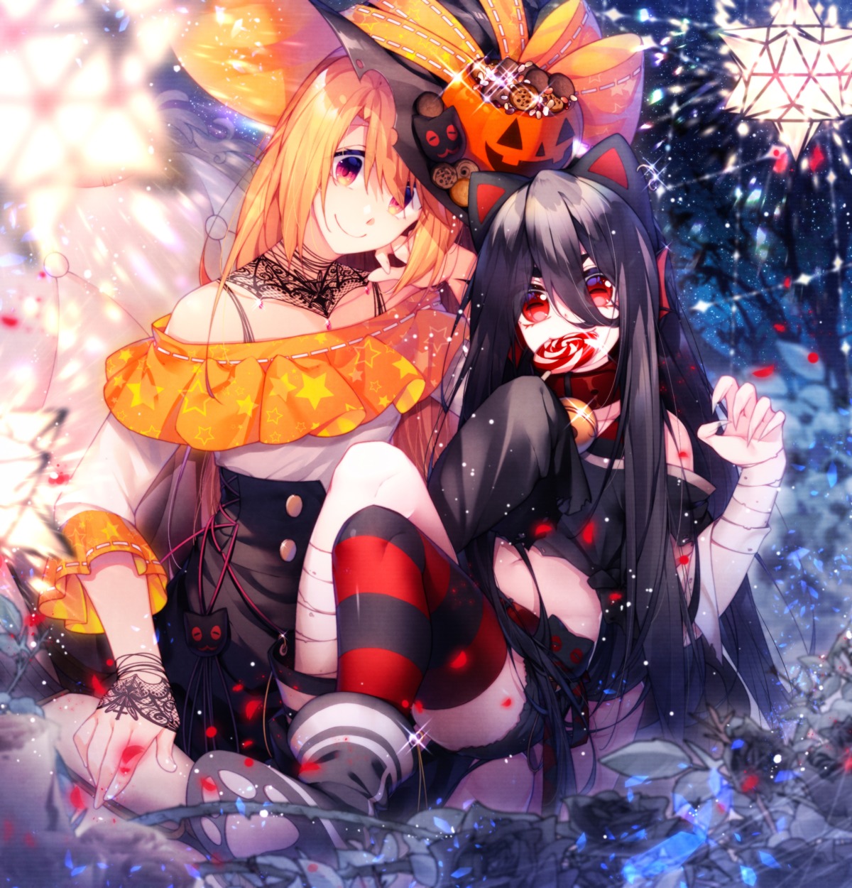 animal_ears, bandages, halloween, headphones, nekomimi, thighhighs, witch, yun_(outsidey)