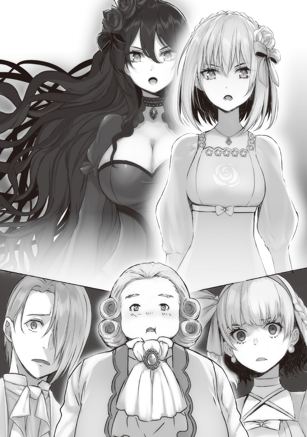 constance_grail, dominic_hamsworth, dress, eris_no_seihai, monochrome, neil_bronson, pamela_francis, scarlett_castiel, yuunagi
