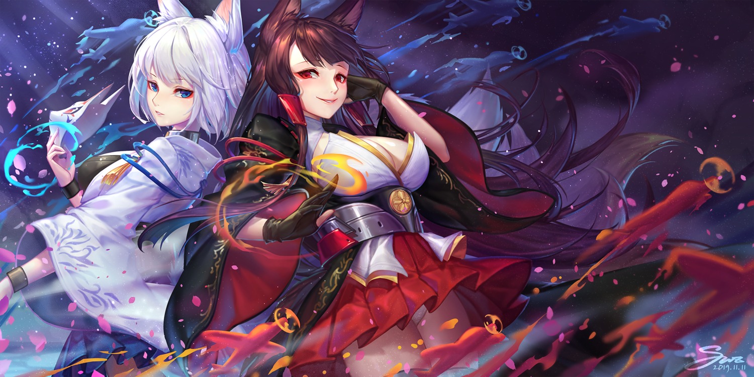 akagi_(azur_lane), animal_ears, azur_lane, cleavage, japanese_clothes, kaga_(azur_lane), kanmai_x_sou, kitsune