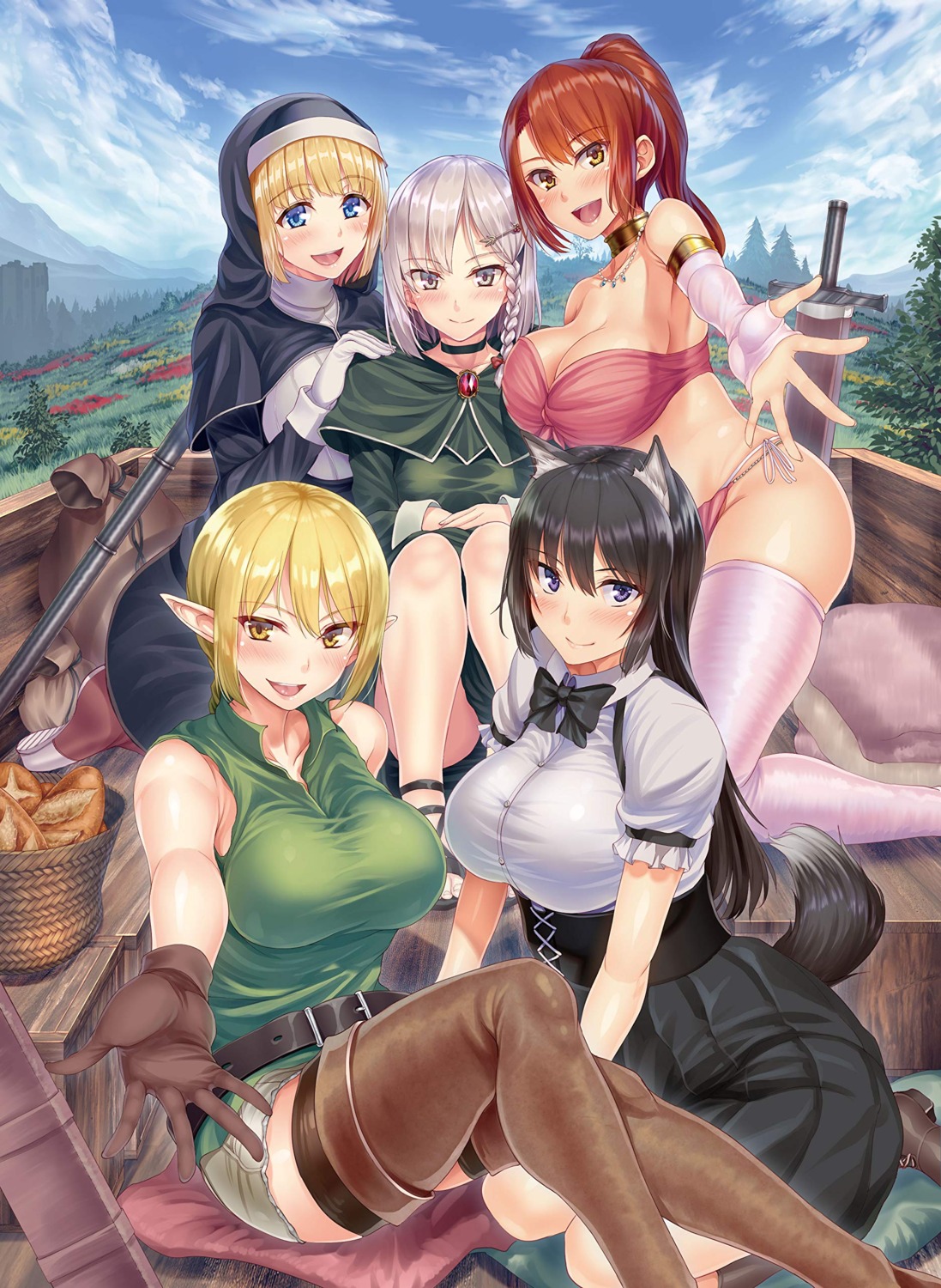 animal_ears, bikini_armor, cleavage, elf, isekai_harem_monogatari, nun, pointy_ears, seifuku, sword, tachibana_omina, tail, thighhighs