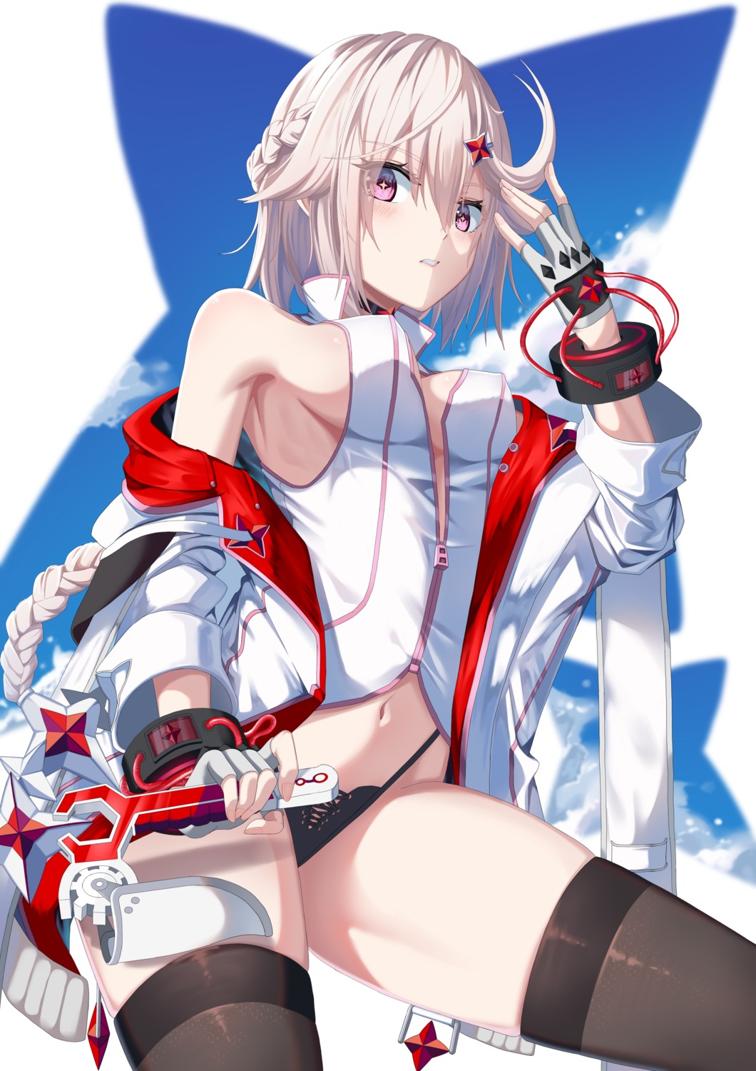 gatari, no_bra, open_shirt, pantsu, sword, thighhighs