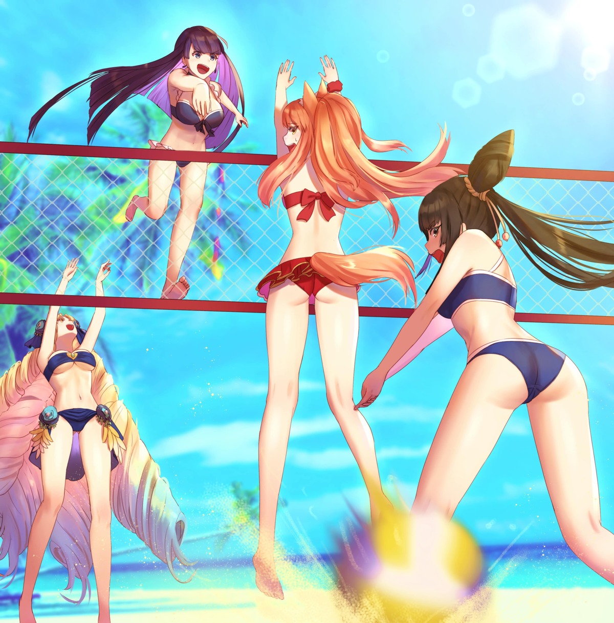 animal_ears, ass, astraea_(fate), bikini, dolce_(dolsuke), fate/grand_order, saint_martha, suzuka_gozen_(fate), swimsuits, tail, ushiwakamaru_(fate)