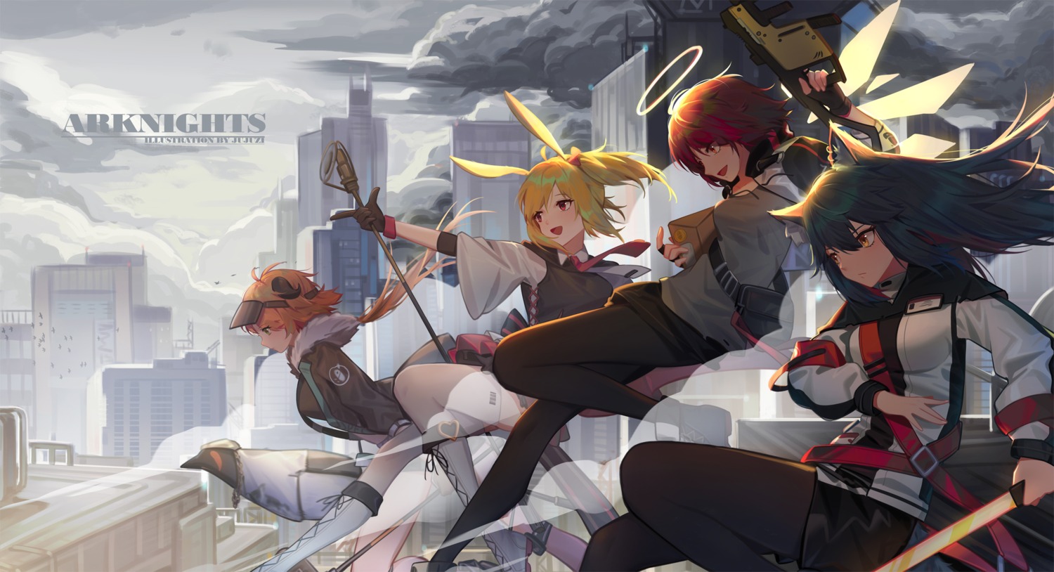angel, animal_ears, arknights, bunny_ears, exusiai_(arknights), gun, inumimi, pantyhose