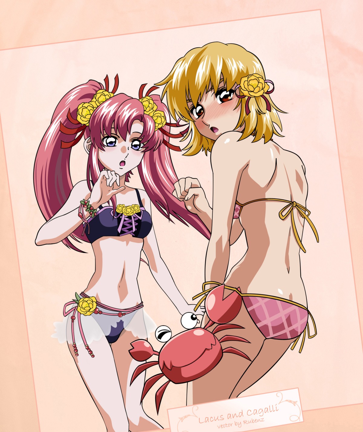 bikini, cagalli_yula_athha, gundam, gundam_seed, hoshino_masumi, lacus_clyne, swimsuits, vector_trace, watermark