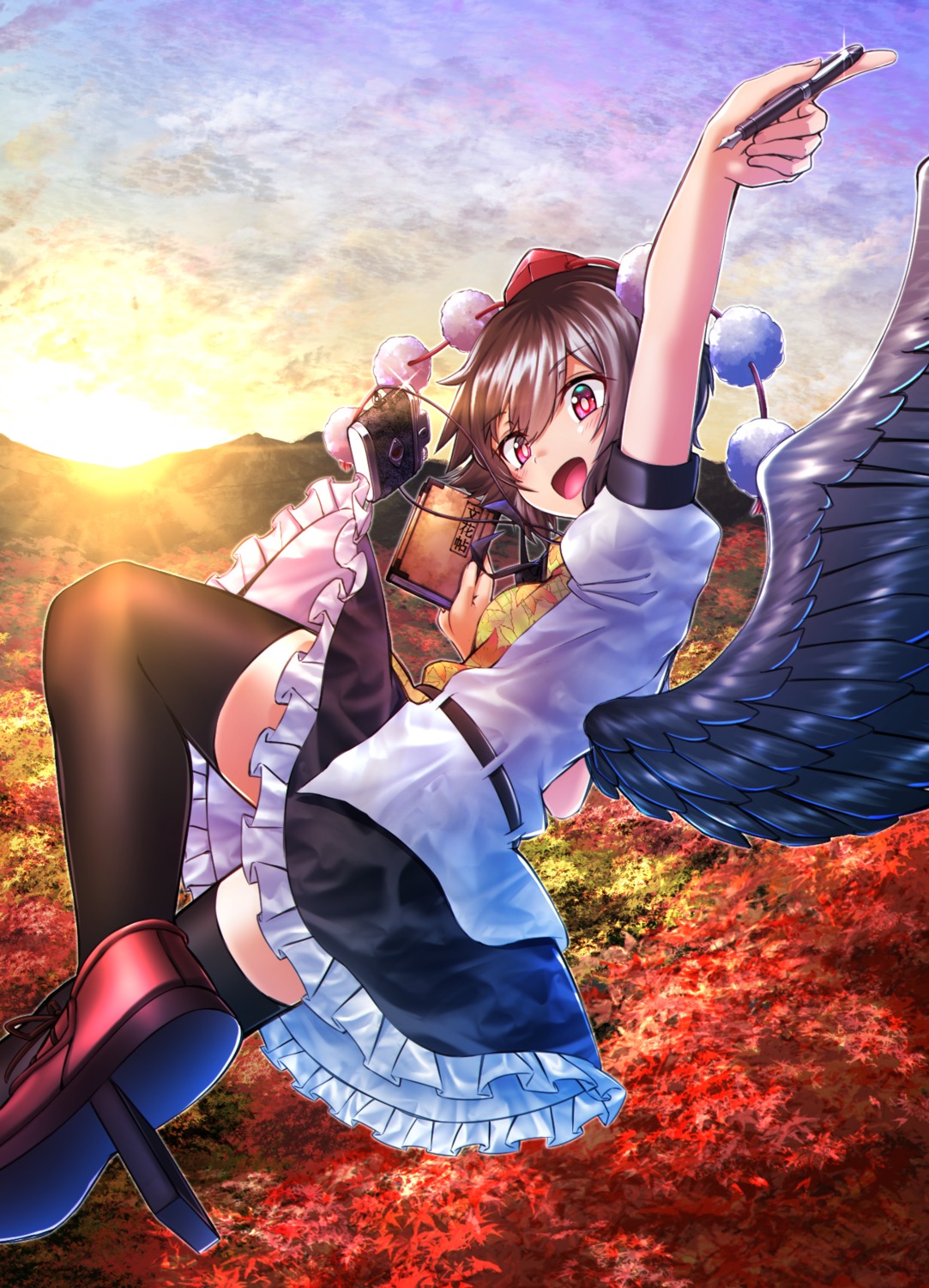 kakutasu_(akihiron_cactus), shameimaru_aya, skirt_lift, thighhighs, touhou, wings