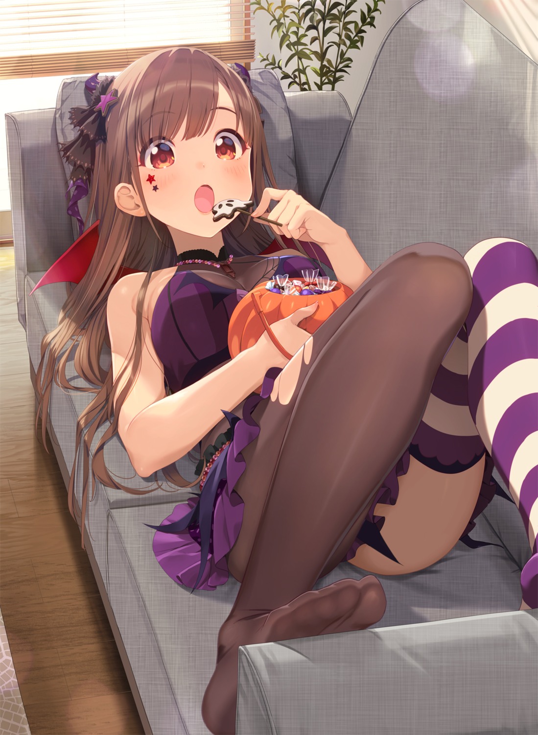 cleavage, feet, halloween, joey_koguma, pantyhose, see_through, skirt_lift, sonoda_chiyoko, the_idolm@ster, the_idolm@ster_shiny_colors, thighhighs, torn_clothes