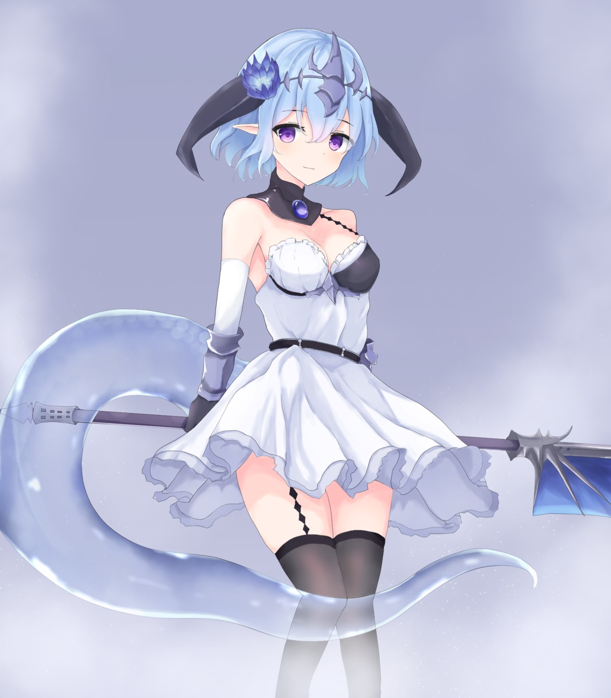 cleavage, dress, horns, mizu_(lzzrwi603), pointy_ears, shadowverse, stockings, tail