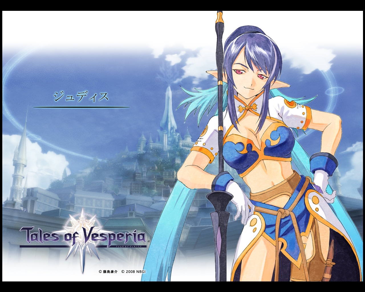 cleavage, fujishima_kousuke, judith, pointy_ears, tales_of, tales_of_vesperia, wallpaper