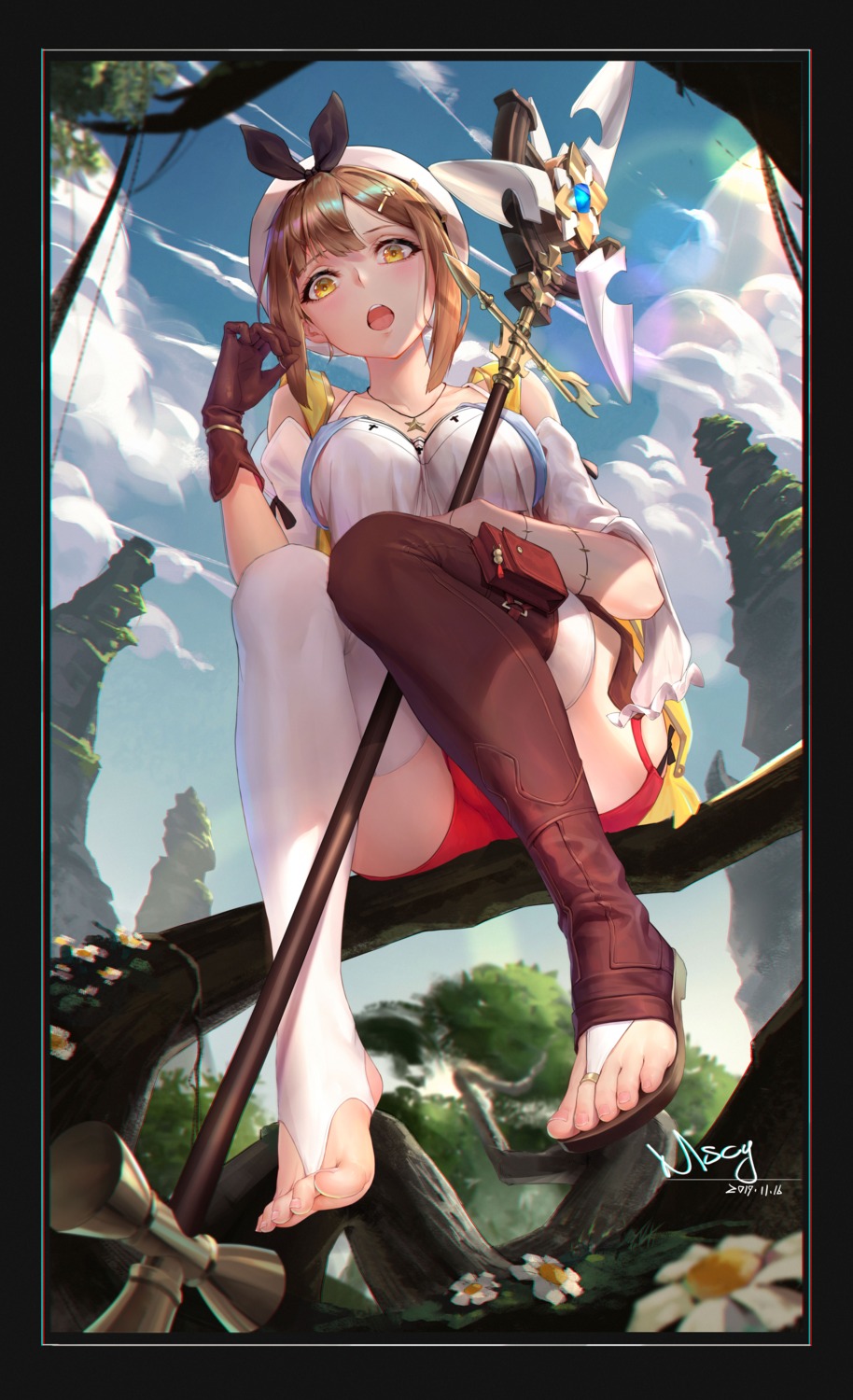 atelier, atelier_ryza, feet, miyama_tsubaki_me, reisalin_stout, thighhighs, weapon