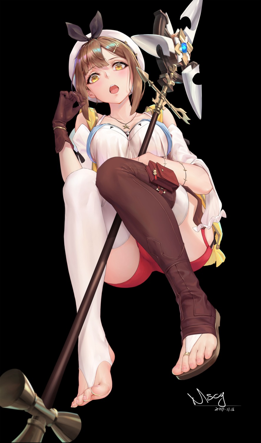 atelier, atelier_ryza, feet, miyama_tsubaki_me, reisalin_stout, thighhighs, weapon