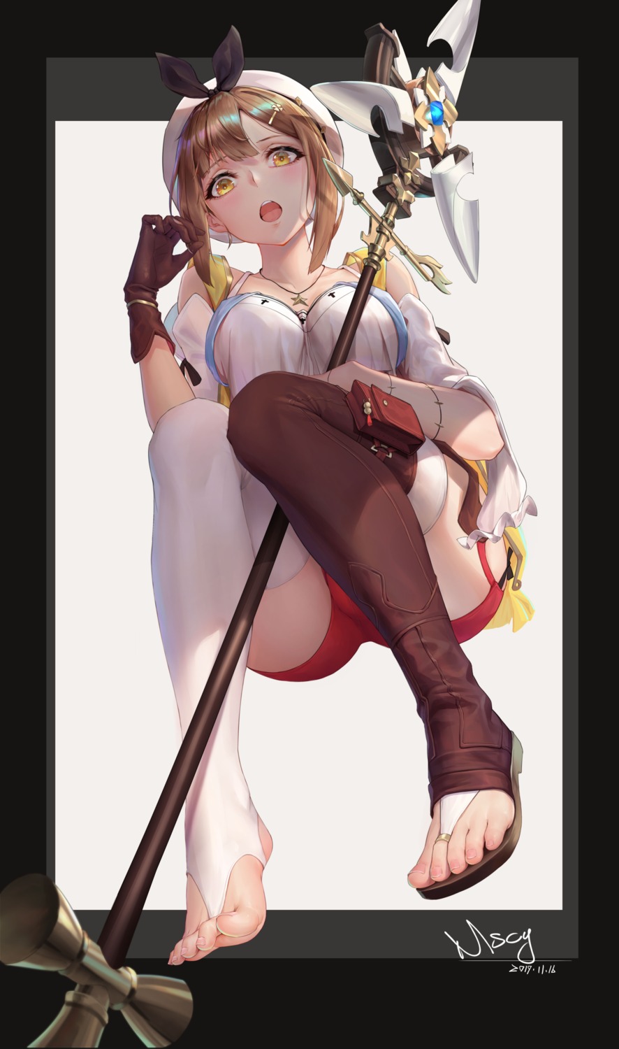 atelier, atelier_ryza, feet, miyama_tsubaki_me, reisalin_stout, thighhighs, weapon