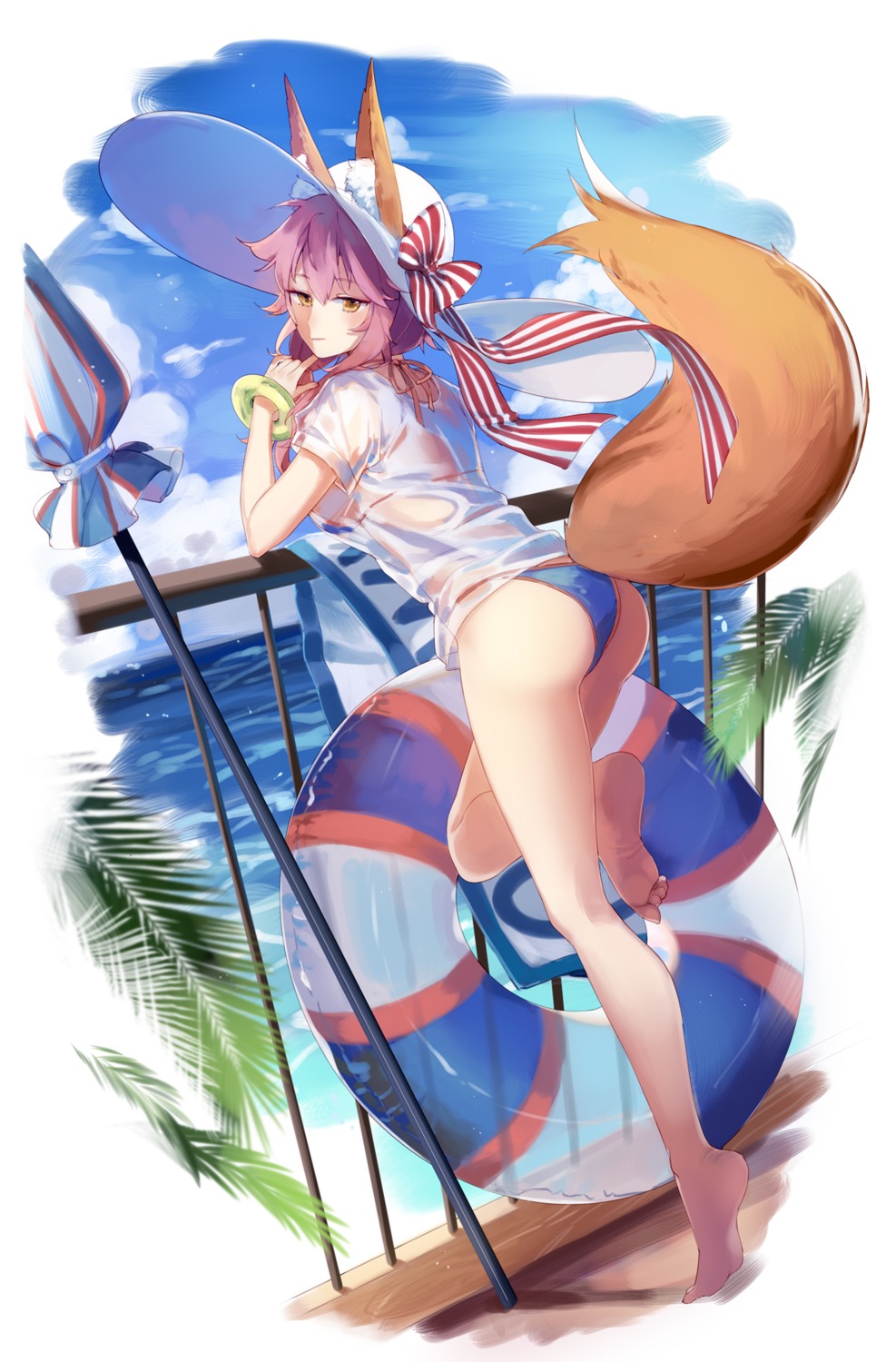 animal_ears, ass, bikini, fate/grand_order, see_through, swimsuits, tail, tamamo_no_mae, wet_clothes, yorktown_cv-5