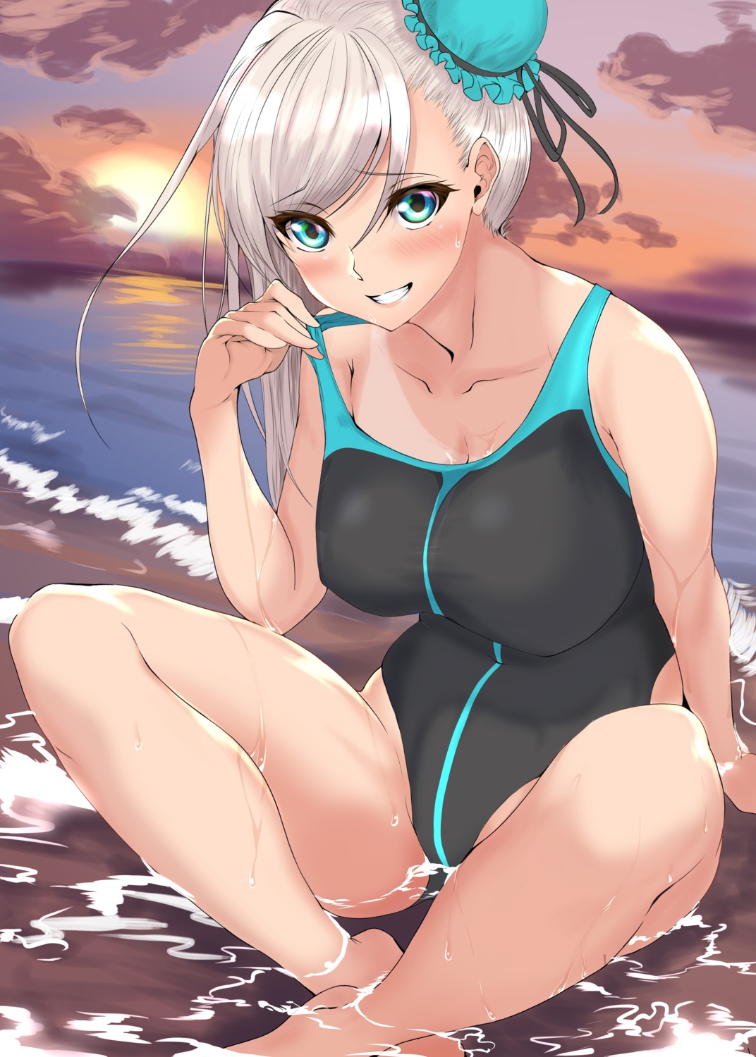 7753, cleavage, fate/grand_order, miyamoto_musashi_(fate), swimsuits, tan_lines, wet