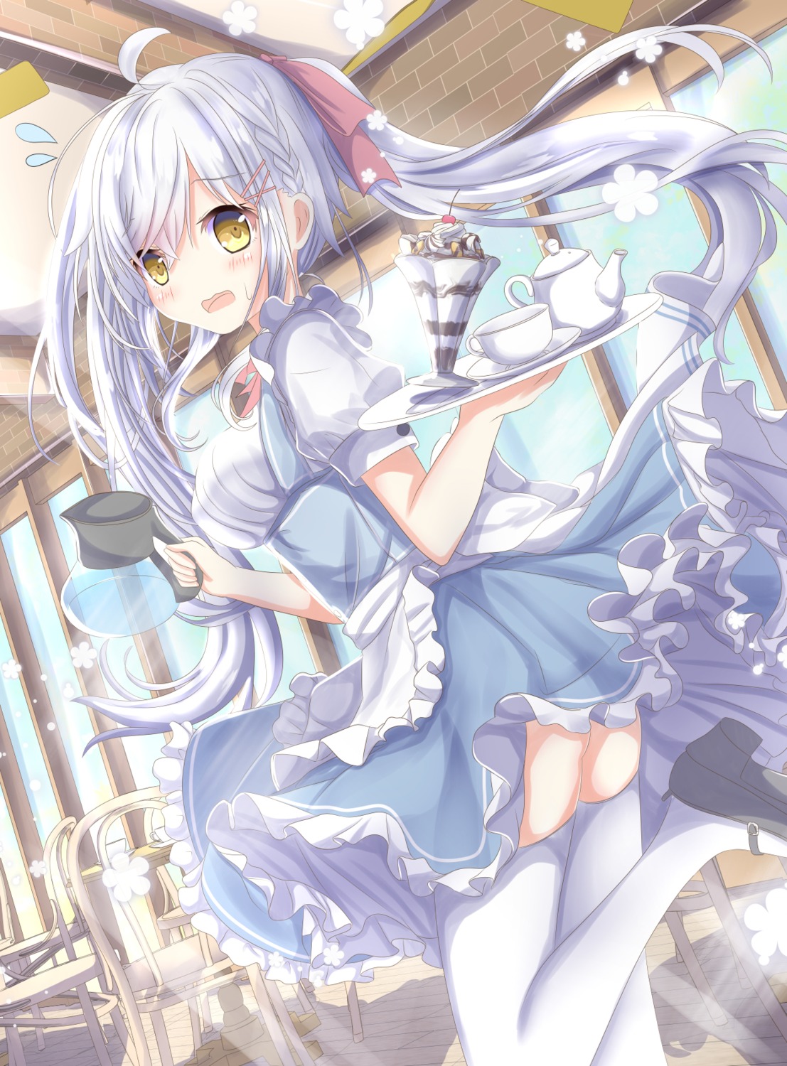 aruka_(alka_p1), heels, skirt_lift, thighhighs, waitress