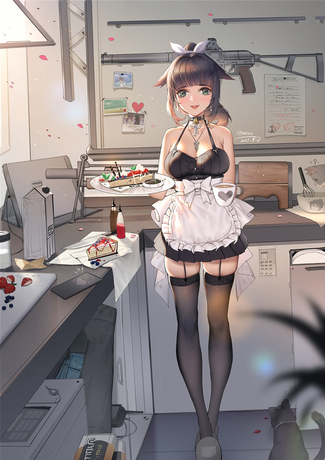 cleavage, gun, maid, melings_(aot2846), neko, stockings, thighhighs