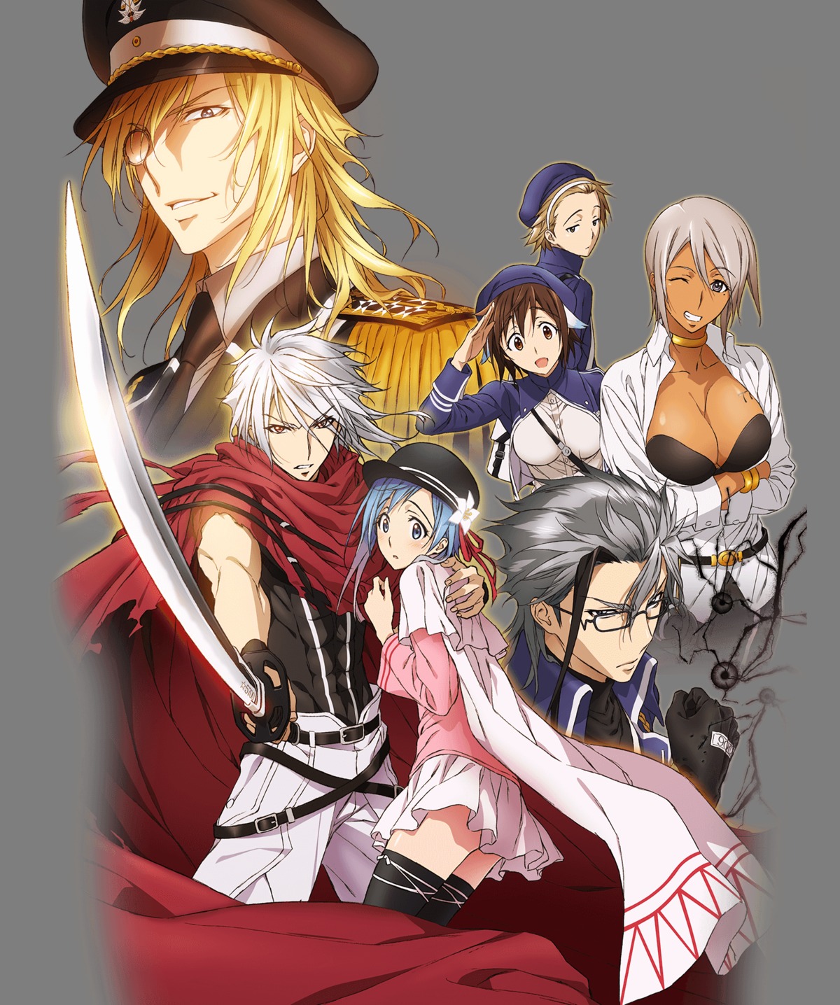 bra, breast_hold, cleavage, dress_shirt, megane, open_shirt, plunderer, sword