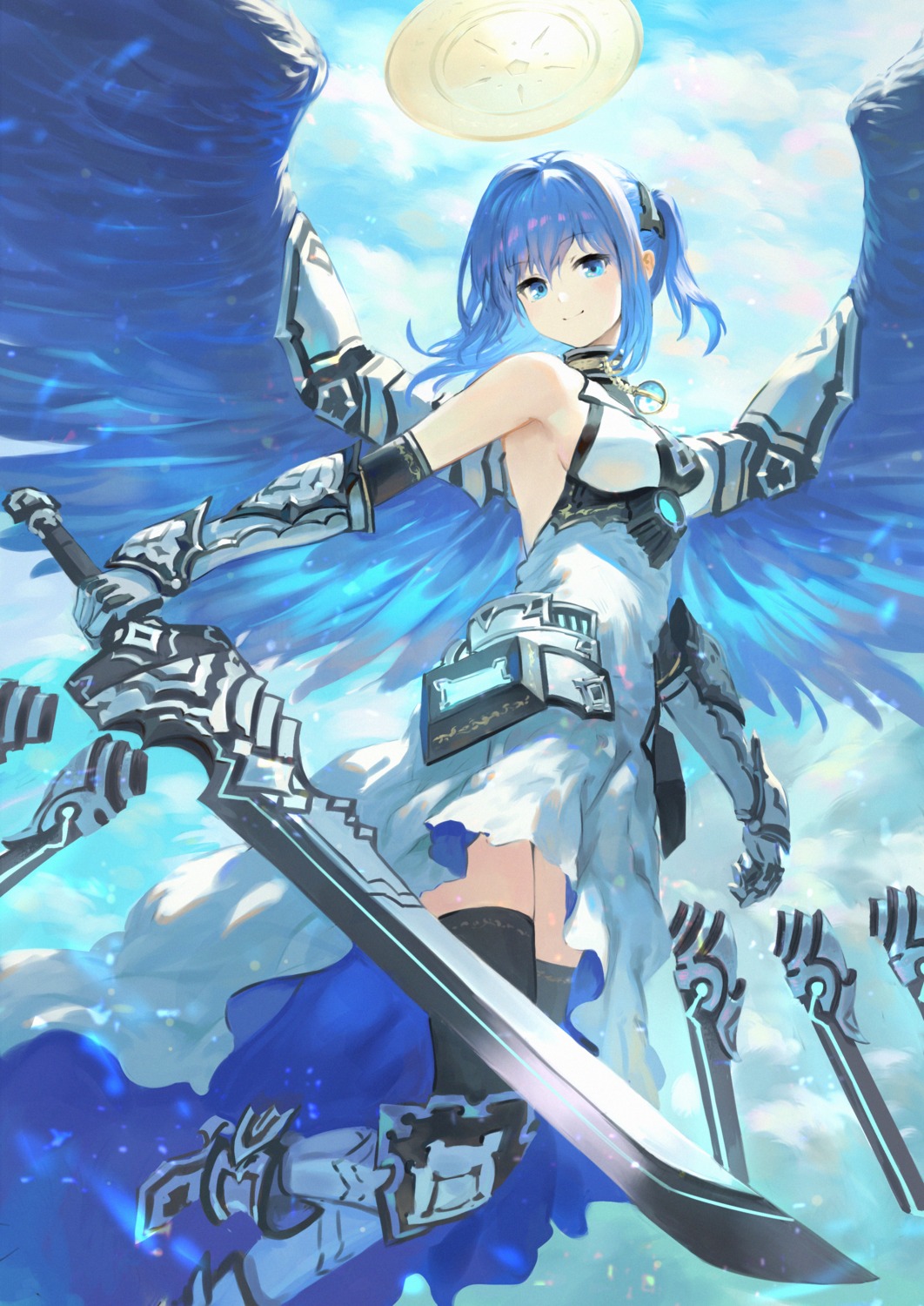 armor, dress, heels, sword, thighhighs, wasabi60, wings
