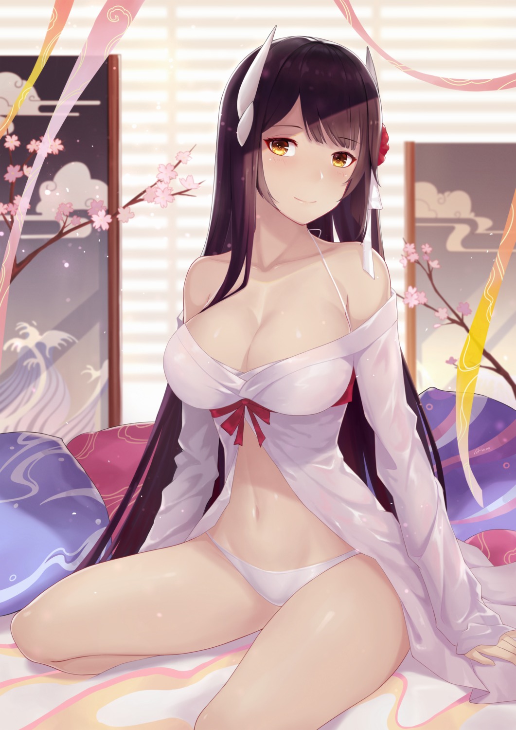 alexiel_(pixiv6211566), azur_lane, bra, cleavage, hiei_(azur_lane), horns, open_shirt, pantsu