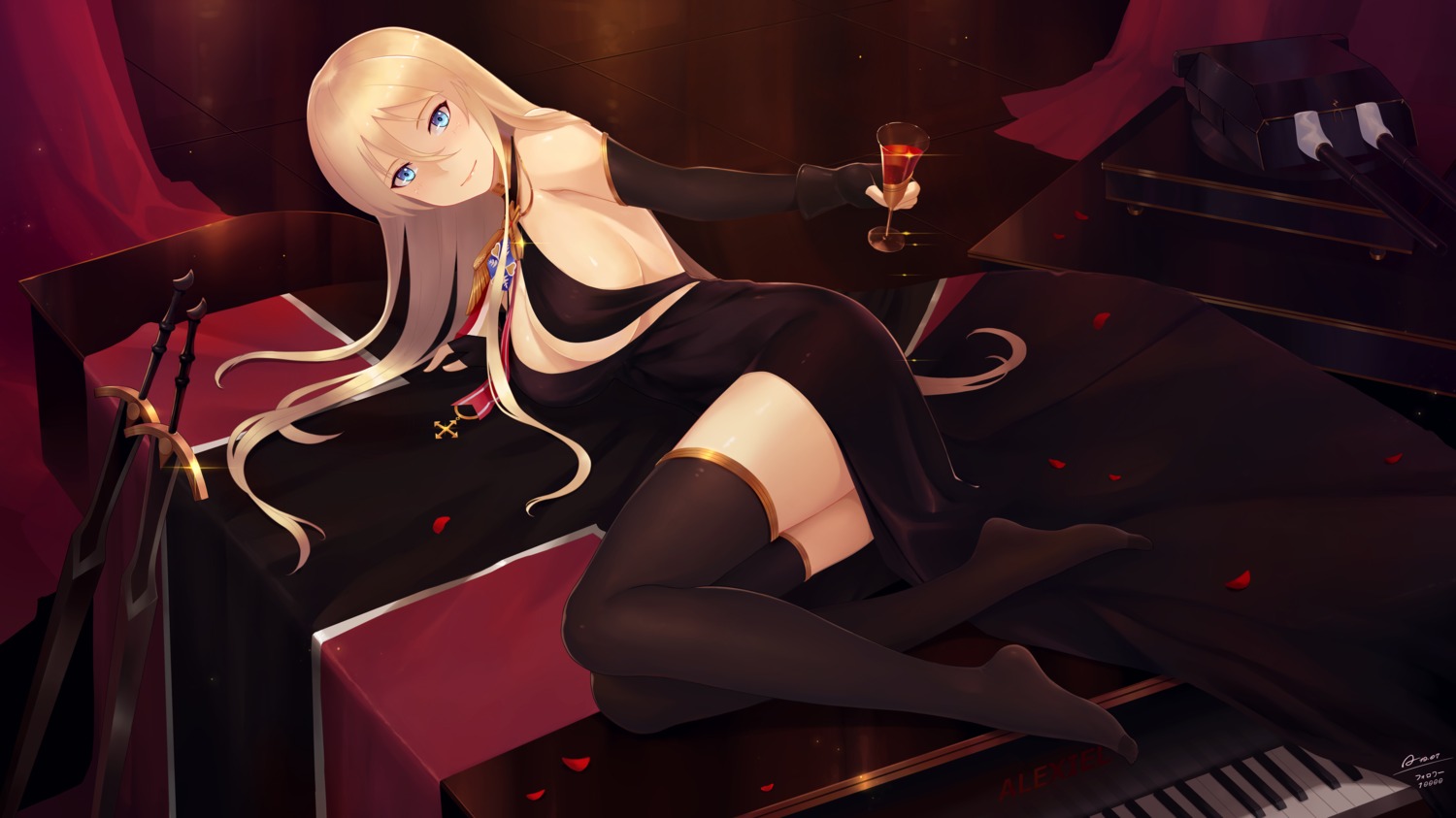 alexiel_(pixiv6211566), azur_lane, bismarck_(azur_lane), dress, no_bra, sword, thighhighs