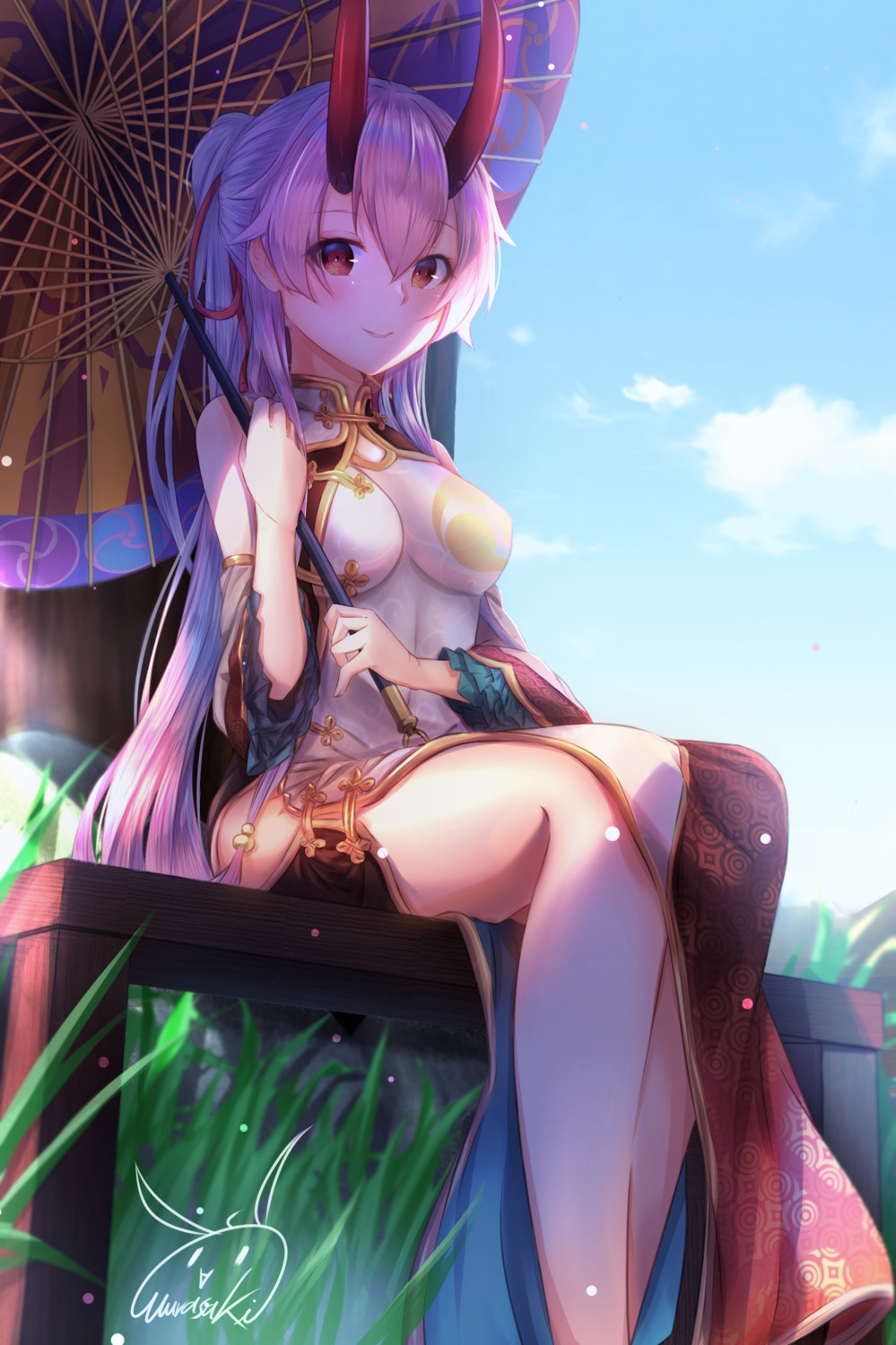 chinadress, fate/grand_order, horns, purple_(jobseeking), tomoe_gozen_(fate), umbrella