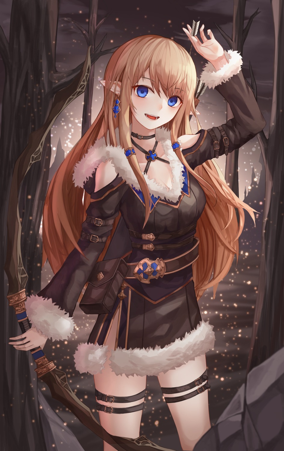 cleavage, garter, luc_(kor), pointy_ears, weapon