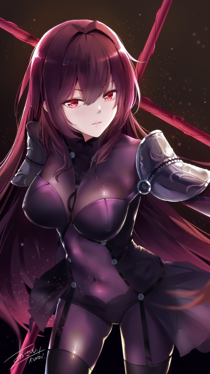 armor, asahi_kuroi, bodysuit, fate/grand_order, scathach_(fate), stockings, thighhighs, weapon