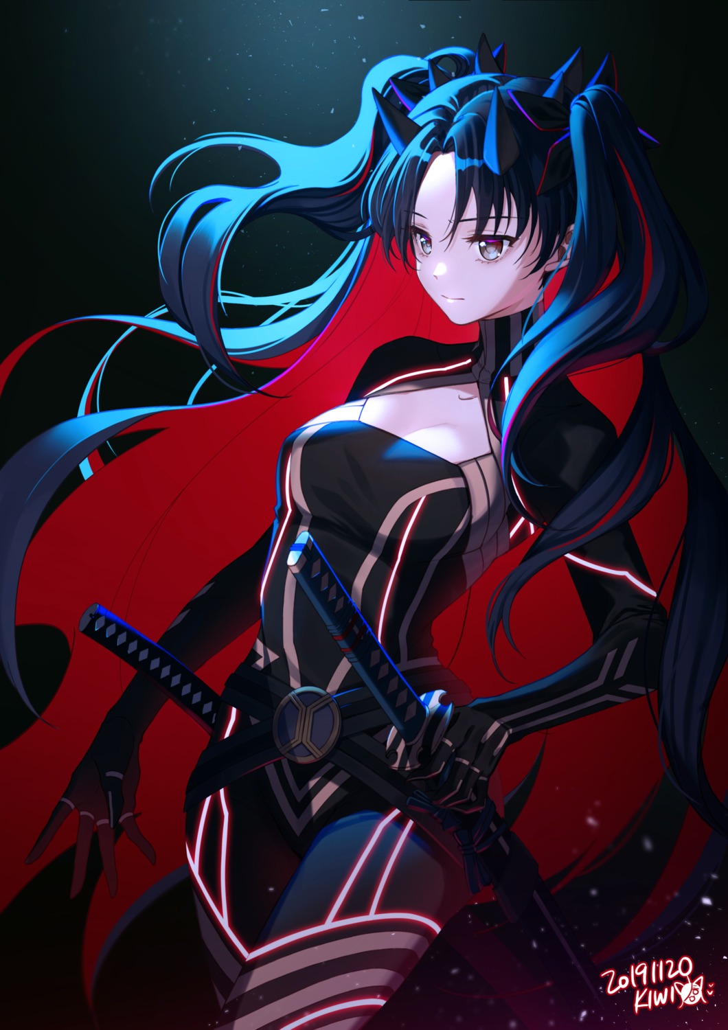 bodysuit, cleavage, fate/grand_order, horns, ishtar_(fate), kiwi_(pixiv6429539), space_ishtar_(fate), sword