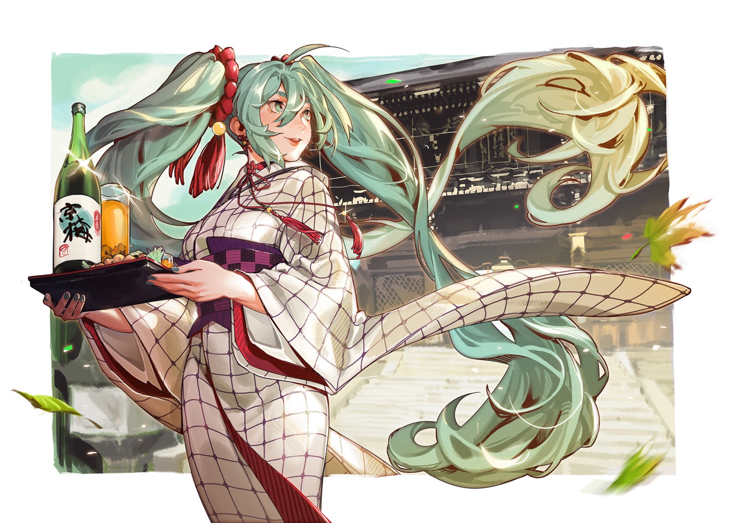 hatsune_miku, kyoto_nippon_festival, recentia, sake, vocaloid, yukata