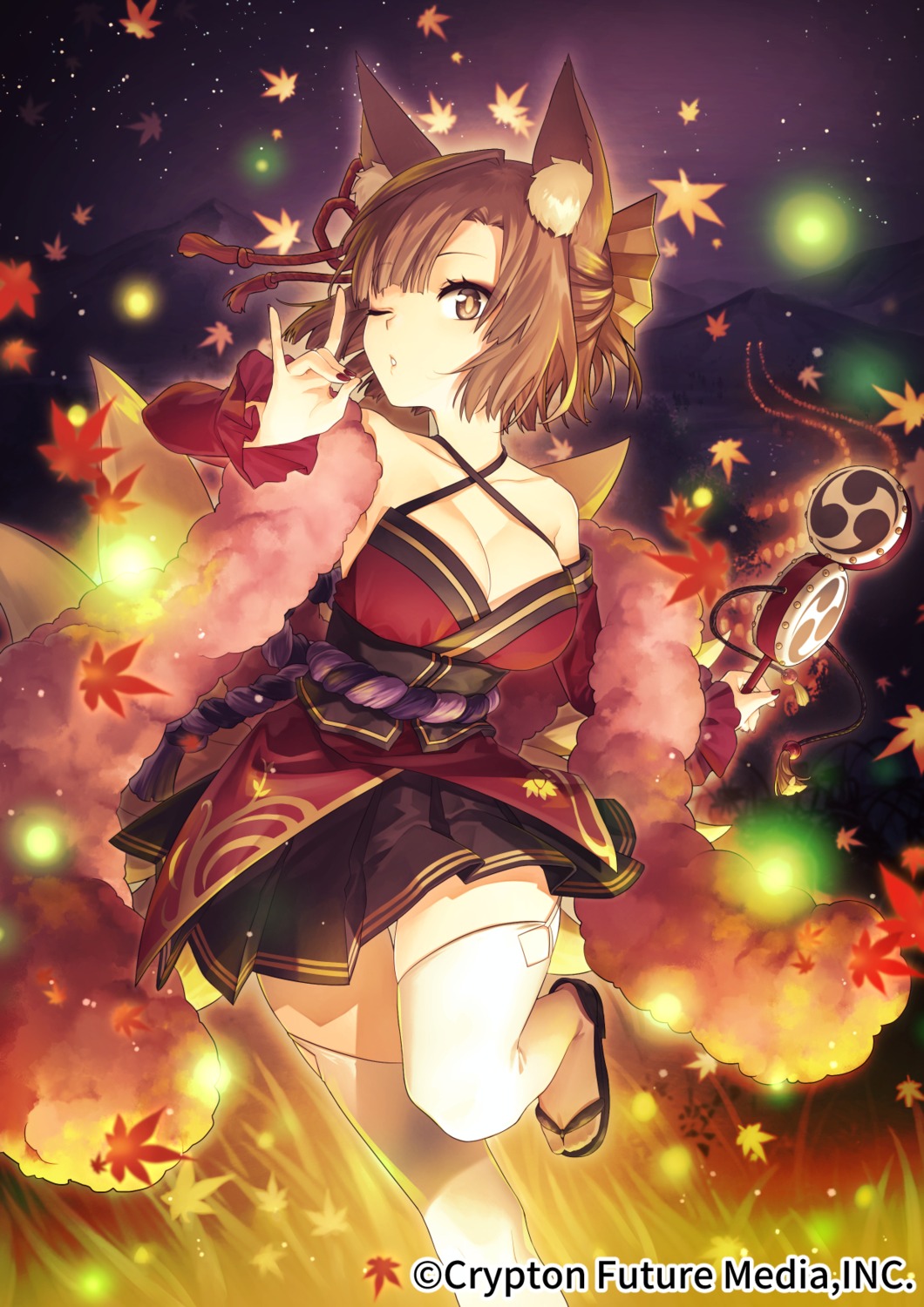 animal_ears, cleavage, hatsune_miku_graphy_collection, japanese_clothes, kitsune, sakanahen, stockings, tail